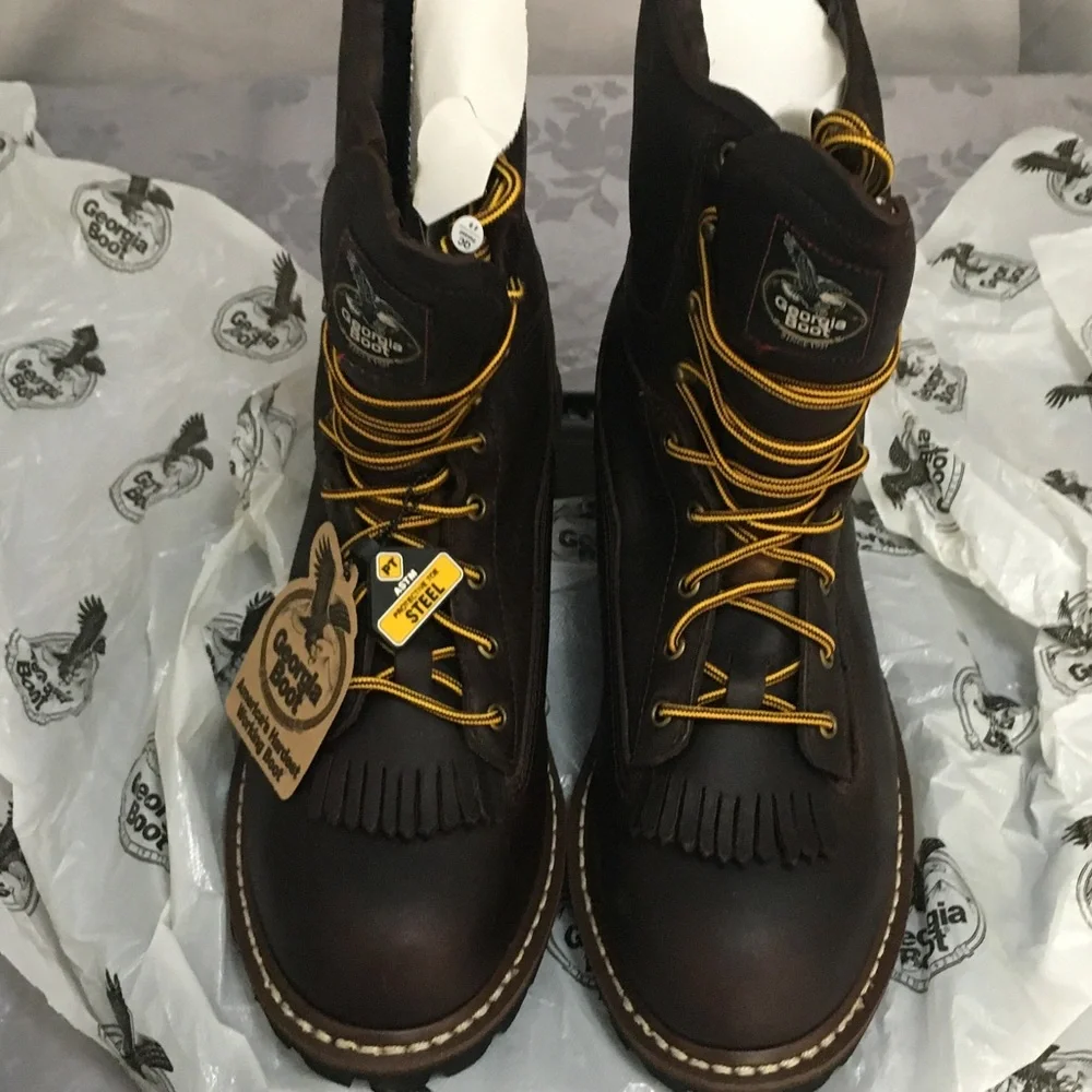Georgia Boot Brown Work Boots with Yellow Laces